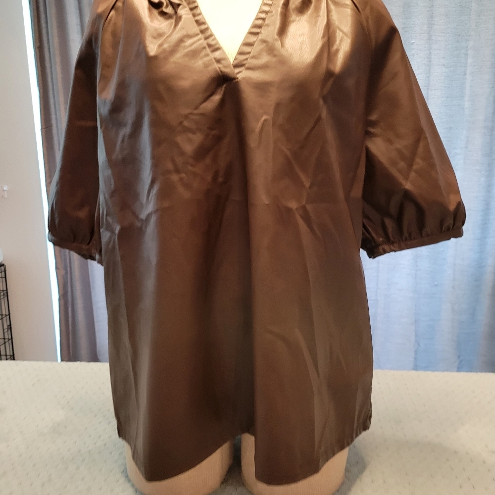 NEW CABLE & GAUGE  WOMENS SHORT SLEEVE FAUX LEATHER BROWN TOP-NWT - Picture 13 of 13